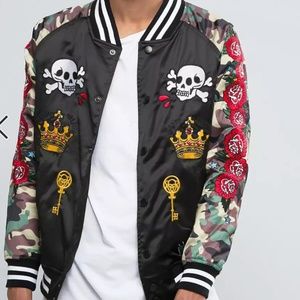 Reason Embroidered Souvenir Bomber Jacket With Camo Sleeves M